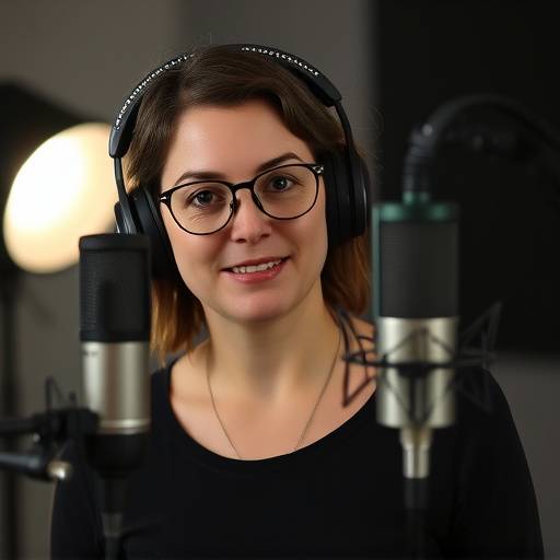 Portrait von Clara Hofer, Dozentin für Tontechnik, mit Mikrofon im Studio